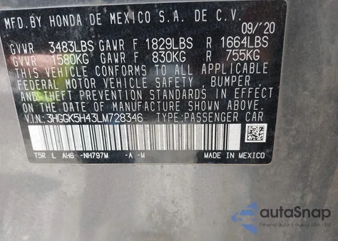 2020 Honda Fit Lx z USA, uszkodzony, nr VIN 3HGGK5H43LM728346